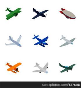 Aircraft icons set. Isometric 3d illustration of 9 aircraft vector icons for web. Aircraft icons, isometric 3d style