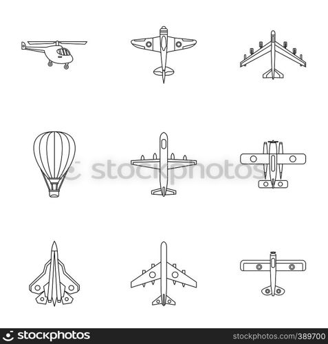 Aircraft icons set. Outline illustration of 9 aircraft vector icons for web. Aircraft icons set, outline style