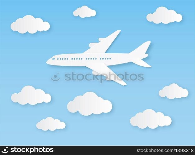 Aircraft in blue sky. Flight airplane and white clouds in origami style, aviation tourism. World travelling paper vector holiday concept. Aircraft in blue sky. Flight airplane and white clouds in origami style, aviation tourism. World travelling paper vector concept