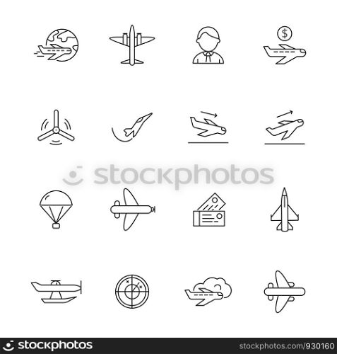 Aircraft line icons. Airplane travelling symbols of avia company vector outline pictures. Airplane travel, aircraft plane, air aviation outline illustration. Aircraft line icons. Airplane travelling symbols of avia company vector outline pictures