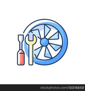 Aircraft maintenance RGB color icon. Civil aviation professional engine service. Safety flight. Airlines management improvement. Engine repair. Service engineer. Isolated vector illustration. Aircraft maintenance RGB color icon