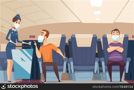 Aircraft passengers. Airplane danger risk communication people sitting with face protection mask fly trip vector cartoon set. Aircraft and airplane seat passenger, flight transport illustration. Aircraft passengers. Airplane danger risk communication people sitting with face protection mask fly trip vector cartoon set