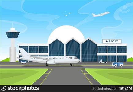 Aircraft Plane in Runway Airport Terminal Building Landscape Skyline Illustration