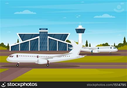 Aircraft Plane in Runway Airport Terminal Building Landscape Skyline Illustration