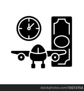 Aircraft rental black glyph icon. Civil aviation. Ability to get plane for rent. Light aircraft. Plane, money and clock. Silhouette symbol on white space. Vector isolated illustration. Aircraft rental black glyph icon