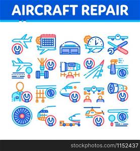Aircraft Repair Tool Collection Icons Set Vector Thin Line. Aircraft Engine And Chassis, Helicopter And Airplane, Master And Hangar Concept Linear Pictograms. Color Contour Illustrations. Aircraft Repair Tool Collection Icons Set Vector