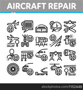 Aircraft Repair Tool Collection Icons Set Vector Thin Line. Aircraft Engine And Chassis, Helicopter And Airplane, Master And Hangar Concept Linear Pictograms. Monochrome Contour Illustrations. Aircraft Repair Tool Collection Icons Set Vector