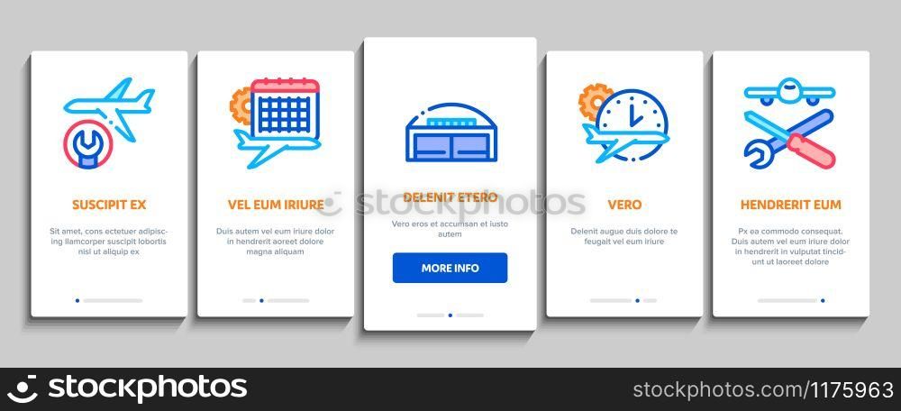 Aircraft Repair Tool Onboarding Mobile App Page Screen Vector. Aircraft Engine And Chassis, Helicopter And Airplane, Master And Hangar Concept Linear Pictograms. Color Contour Illustrations. Aircraft Repair Tool Onboarding Elements Icons Set Vector