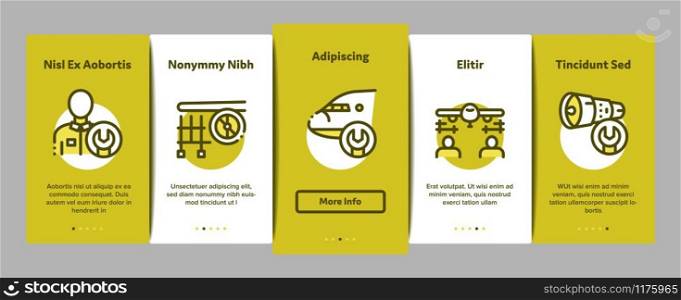 Aircraft Repair Tool Onboarding Mobile App Page Screen Vector. Aircraft Engine And Chassis, Helicopter And Airplane, Master And Hangar Concept Linear Pictograms. Color Contour Illustrations. Aircraft Repair Tool Onboarding Elements Icons Set Vector