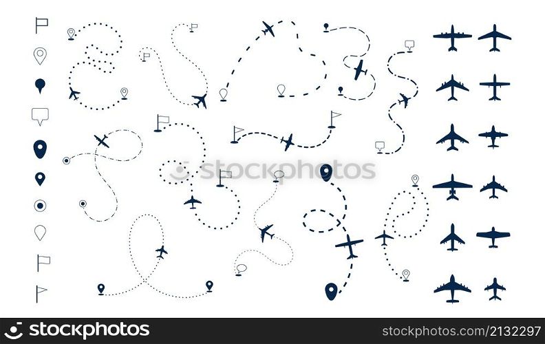 Aircraft routes. Aviation dotted journey, plane flight lines. Airplane silhouettes, line paths and destination. Flying ways recent vector set. Route plane and aviation journey flight illustration. Aircraft routes. Aviation dotted journey, plane flight lines. Airplane silhouettes, line paths and destination points. Flying ways recent vector set