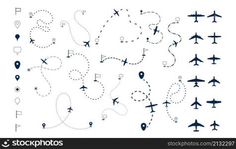 Aircraft routes. Aviation dotted journey, plane flight lines. Airplane silhouettes, line paths and destination. Flying ways recent vector set. Route plane and aviation journey flight illustration. Aircraft routes. Aviation dotted journey, plane flight lines. Airplane silhouettes, line paths and destination points. Flying ways recent vector set