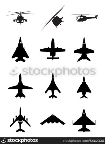 Aircraft. Silhouettes of black colour of planes and helicopters