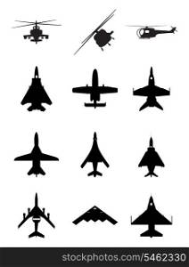 Aircraft. Silhouettes of black colour of planes and helicopters