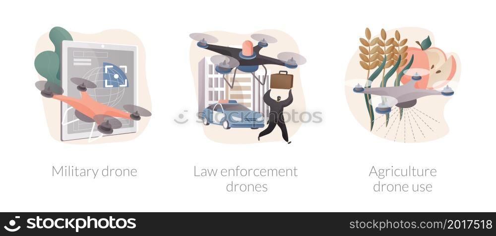 Aircraft technology abstract concept vector illustration set. Military drone, law enforcement surveillance, technology in agriculture, smart city, crops spraying, remote pilot abstract metaphor.. Aircraft technology abstract concept vector illustrations.