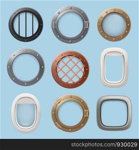 Aircraft window. Plane, jet ship or submarine interior with futuristic glass portholes of various shapes vector collection. Illustration of porthole glass frame, window submarine and airplane. Aircraft window. Plane, jet ship or submarine interior with futuristic glass portholes of various shapes vector collection