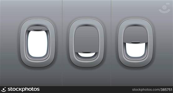 Aircraft windows. Airplane indoor portholes, plane interior window and fuselage glass porthole. Plastic or glass plane windows 3d vector isolated illustration set. Aircraft windows. Airplane indoor portholes, plane interior window and fuselage glass porthole 3d vector illustration