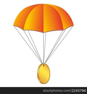 Airdrop concept parachute with coin isolated on white. Blank gold coin with place for logo or symbol. Vector illustration.. Airdrop concept parachute with coin isolated on white. Blank gold coin with place for logo or symbol.