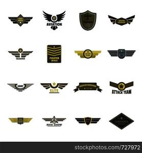 Airforce navy military logo icons set. Flat illustration of 16 airforce navy military logo vector icons for web. Airforce navy military logo icons set, flat style