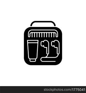 Airline amenities black glyph icon. Handbag with portable stuff for trip comfort. Essential things for tourist. Travel size objects. Silhouette symbol on white space. Vector isolated illustration. Airline amenities black glyph icon