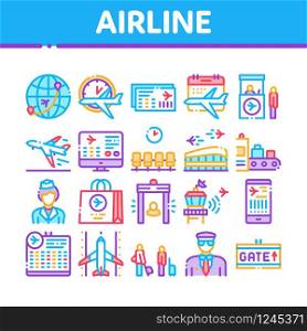 Airline And Airport Collection Icons Set Vector. Airline Worldwide Direction And Ticket, Pilot And Stewardess, Airplane And Calendar Concept Linear Pictograms. Color Illustrations. Airline And Airport Collection Icons Set Vector