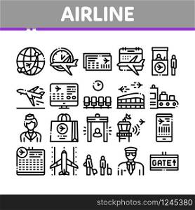Airline And Airport Collection Icons Set Vector. Airline Worldwide Direction And Ticket, Pilot And Stewardess, Airplane And Calendar Concept Linear Pictograms. Monochrome Contour Illustrations. Airline And Airport Collection Icons Set Vector