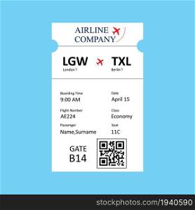 Airline boarding pass, ticket template with QR code.Isolated on blue background.Flat vector illustration