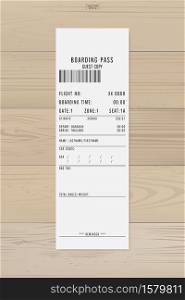 Airline boarding pass ticket. White boarding pass paper sheet on wood. Vector illustration.