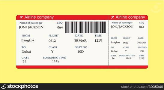 Airline boarding pass ticket with QR2 code. Airline boarding pass ticket with QR2 code.Vector illustration on yellow background. Airline boarding pass ticket with QR2 code