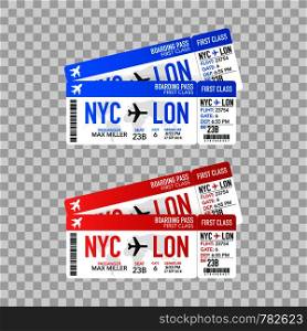 Airline boarding pass tickets to plane for travel journey. Vector stock illustration.