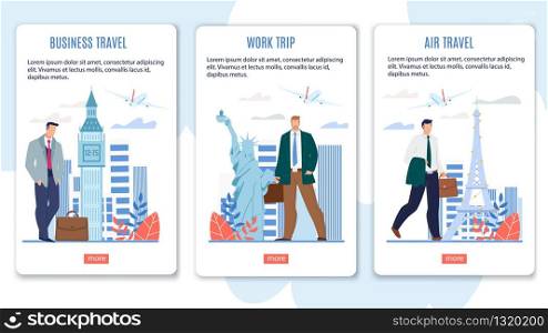 Airline Business Class Flights, World Work Trips Offer Trendy Flat Vector Web Banner, Landing Page Template. Businessmen with Briefcases Visiting Paris, London, New York in Business Illustration