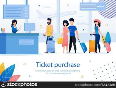 Airline Company, Airplane Tickets Purchase, Booking Service Trendy Flat Vector Ad Banner, Poster with Happy Travelers, Airline Passenger Standing in Line While Buying Tickets in Airport Illustration