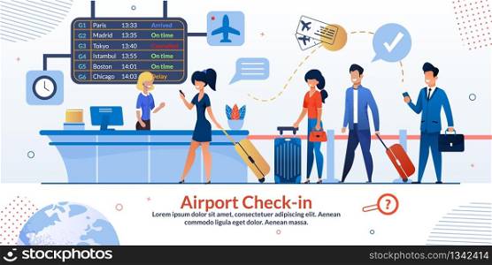 Airline Company Airport Check-in Reception and Tourists Queue Flat Poster. Passengers with Luggage and Aircraft Ticket at Flight Booking Counter Desk with Departures Board. Vector Cartoon Illustration. Airport Check-in Reception and Tourists Poster