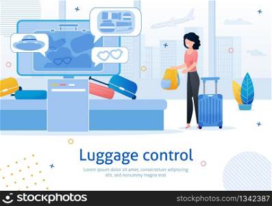 Airline Company, Airport Luggage Control Service Trendy Flat Vector Advertising Banner, Promo Poster Template. Female Tourist, Traveling Woman Loading Bags in Luggage Screening Terminal Illustration