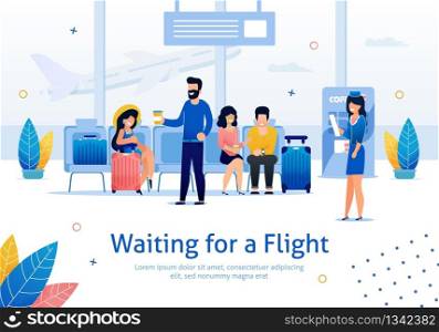 Airline Company, Flights Planning, Airplane Tickets Booking Online Service Trendy Flat Vector Advertising Banner, Poster Template. Female and Male Tourists Waiting for Flight in Airport Illustration