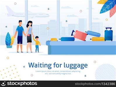 Airline Company Luggage Delivery Service Trendy Flat Vector Advertising Banner, Poster Template. Woman with Children, Traveling Family Waiting for Baggage Bags near Airport Conveyor Belt Illustration
