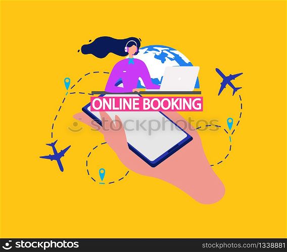Airline Company Services, Flight Tickets Booking Online Service Flat Vector Banner Template. Call Center Manager with Headset Consulting Clients, Helping Customers, Phone in Human Palm Illustration