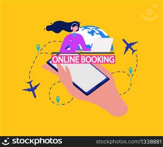 Airline Company Services, Flight Tickets Booking Online Service Flat Vector Banner Template. Call Center Manager with Headset Consulting Clients, Helping Customers, Phone in Human Palm Illustration