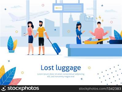 Airline Company Services, Searching and Returning Lost Luggage Trendy Flat Vector Advertising Banner, Poster Template. Man Frustrated and Angry Because of Missing Stuff in His Baggage Illustration