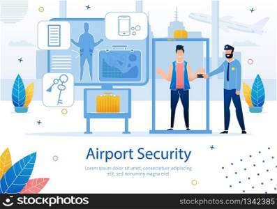 Airline Company, Startup for Travelers, Airport Security Service Trendy Flat Vector Advertising Banner, Poster Template. Man Passing Through Baggage Screening Area, Metal Detector Ramp Illustration
