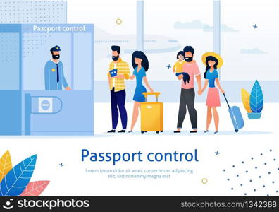 Airline Company, Travel Agency, Airport Services Trendy Flat Vector Ad Banner, Poster. Airline Clients, Airplane Passengers with Luggage, Passing Passport Control Before Boarding on Plane Illustration