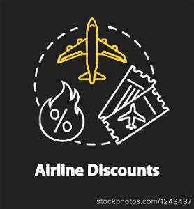 Airline discounts chalk RGB color concept icon. Affordable travel, budget tourism idea. Airway company offer, last minute tickets. Vector isolated chalkboard illustration on black background. Airline discounts chalk RGB color concept icon. Affordable travel, budget tourism idea. Airway company special offer, cheap tickets. Vector isolated chalkboard illustration on black background