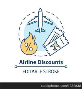 Airline discounts concept icon. Affordable travel, budget tourism idea thin line illustration. Airway company offer, last minute tickets. Vector isolated outline RGB color drawing. Editable stroke. Airline discounts concept icon. Affordable travel, budget tourism idea thin line illustration. Airway company special offer, cheap tickets. Vector isolated outline RGB color drawing. Editable stroke