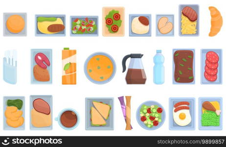 Airline food icons set. Cartoon set of airline food vector icons for web design. Airline food icons set, cartoon style