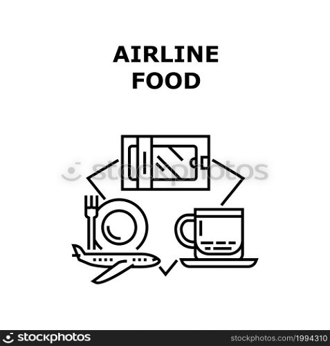 Airline Food Vector Icon Concept. Package With Delicious Dish And Tea Or Coffee Hot Drink Cup, Airline Food For Feeding Passengers In Airplane. Nutrition And Beverage Black Illustration. Airline Food Vector Concept Black Illustration