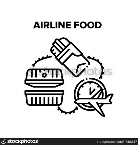 Airline Food Vector Icon Concept. Sandwich Or Burger Snack, Nutrition Container For Eating Airline Food At Long Fly Time In Air. Aircraft Delicious Flight Meal Package Black Illustration. Airline Food Vector Black Illustrations