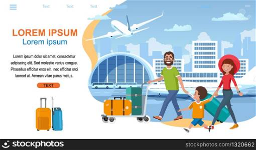 Airline Online Services for Passengers Traveling with Luggage Cartoon Vector Horizontal Web Banner. Happy Parents with Child Carrying Baggage on Cart in Airport. Tourist Travel Company Landing Page