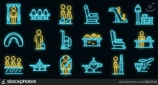 Airline passengers icons set. Outline set of airline passengers vector icons neon color on black. Airline passengers icons set vector neon