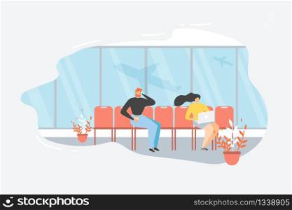 Airline Passengers Waiting for Flight in Airport Terminal Flat Vector Isolated on White Background. Man Drinking Coffee and Talking on Phone, Woman Using Laptop in Airport Lounge Area Illustration