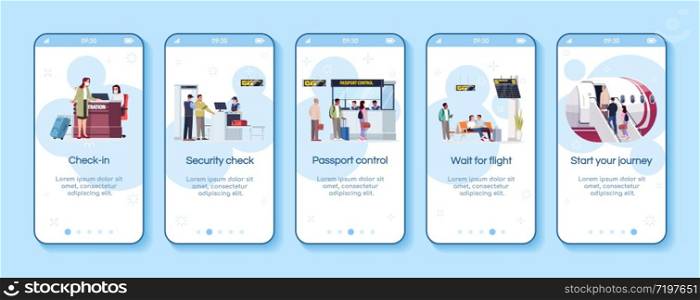 Airline services onboarding mobile app screen vector template. Passport control and checkin. Wait for flight. Walkthrough website steps with flat characters. Smartphone cartoon UX, UI, GUI