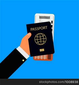 airline ticket passport in the hand of man, vector. airline ticket passport in the hand of man